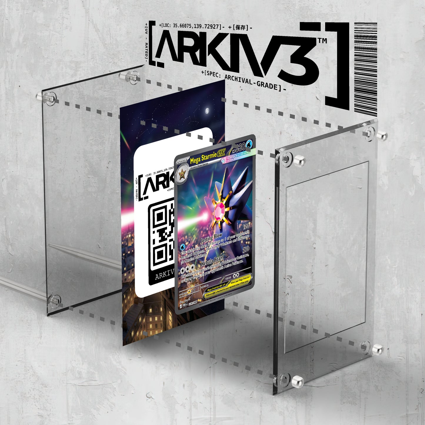 ARKIV3 Mega Starmie ex Extended Art Pokémon card in display case, shown in exploded view with stand and protective mount.