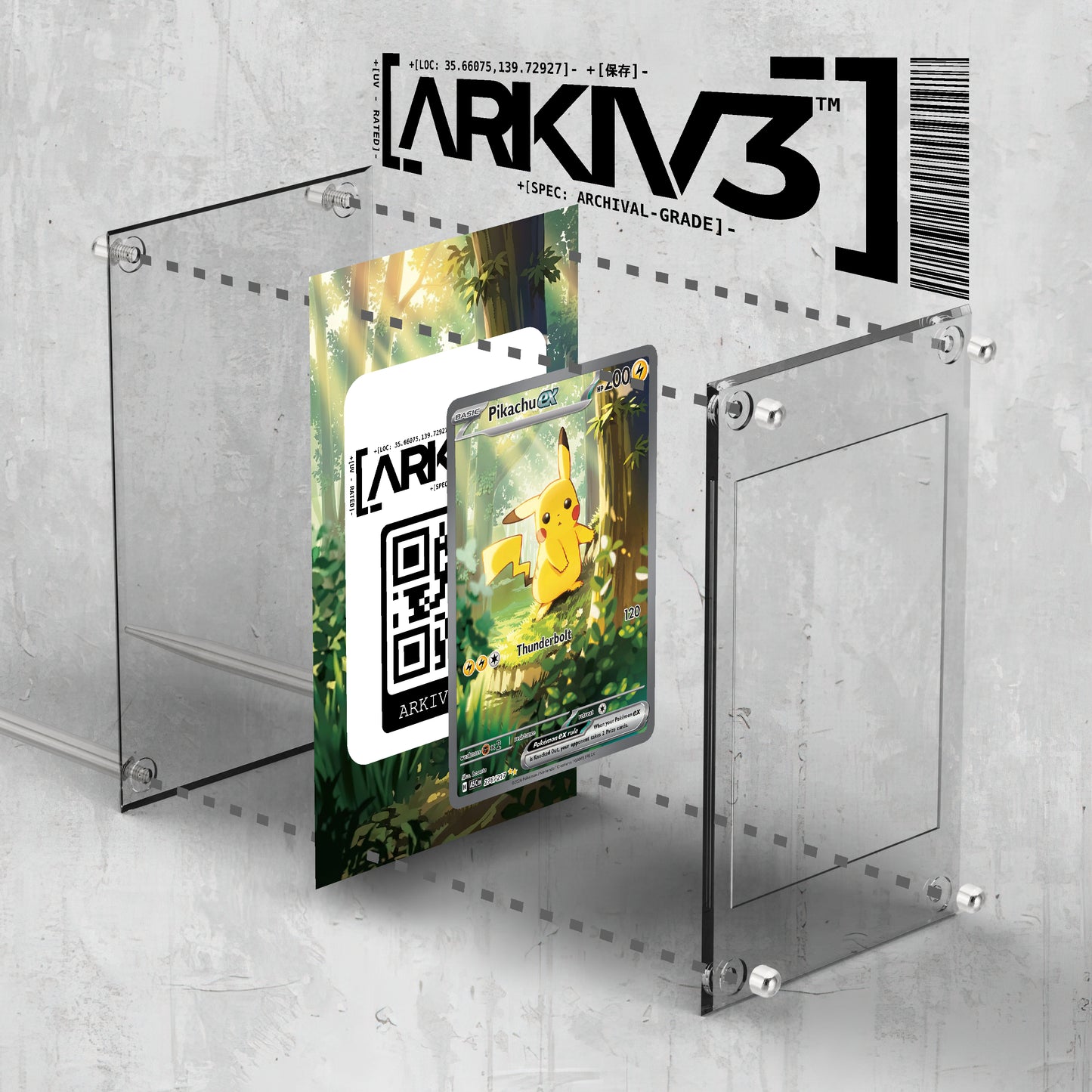 ARKIV3 Pikachu ex Extended Art display case exploded mockup showing standing mount for collectible card storage.