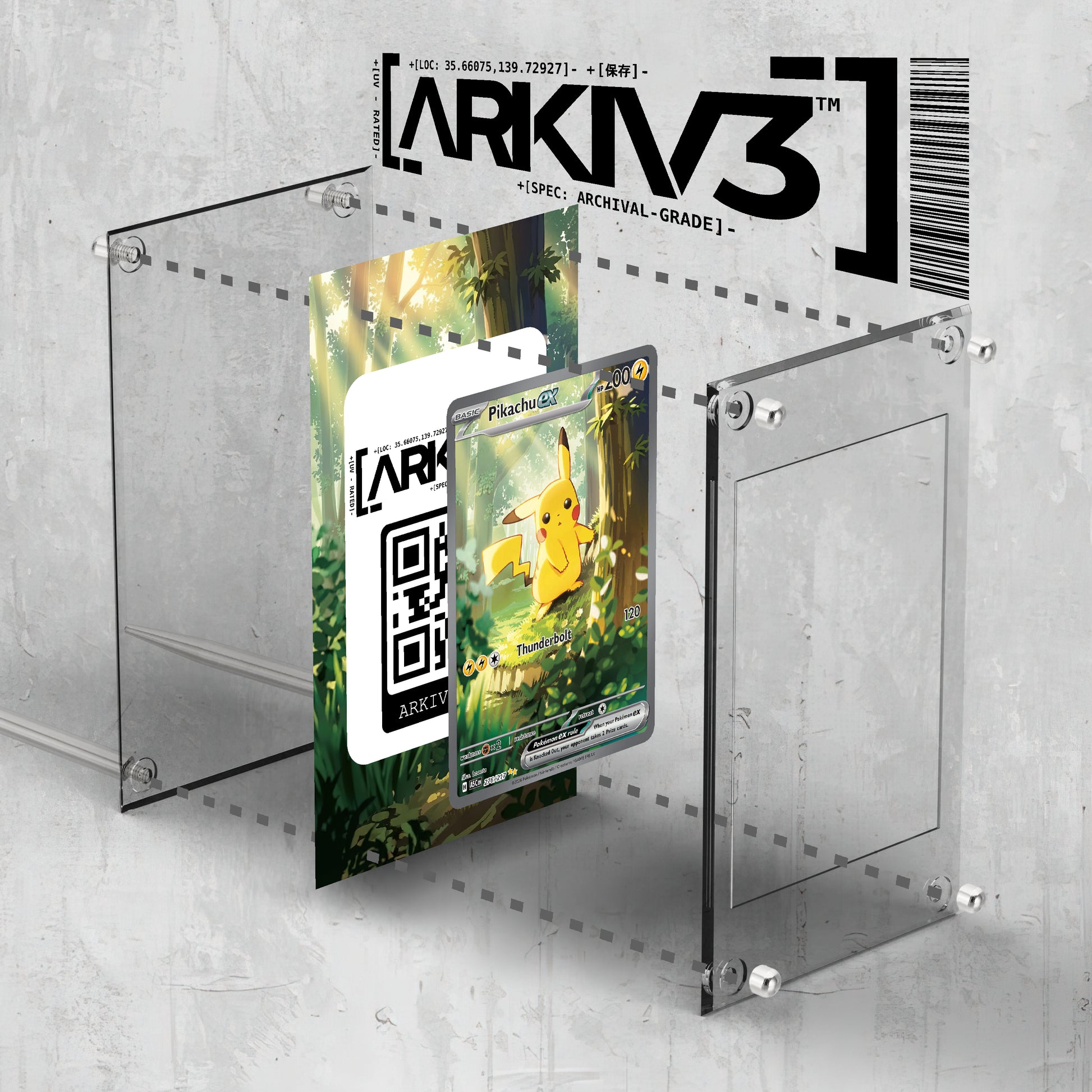ARKIV3 Pikachu ex Extended Art display case exploded mockup showing standing mount for collectible card storage.