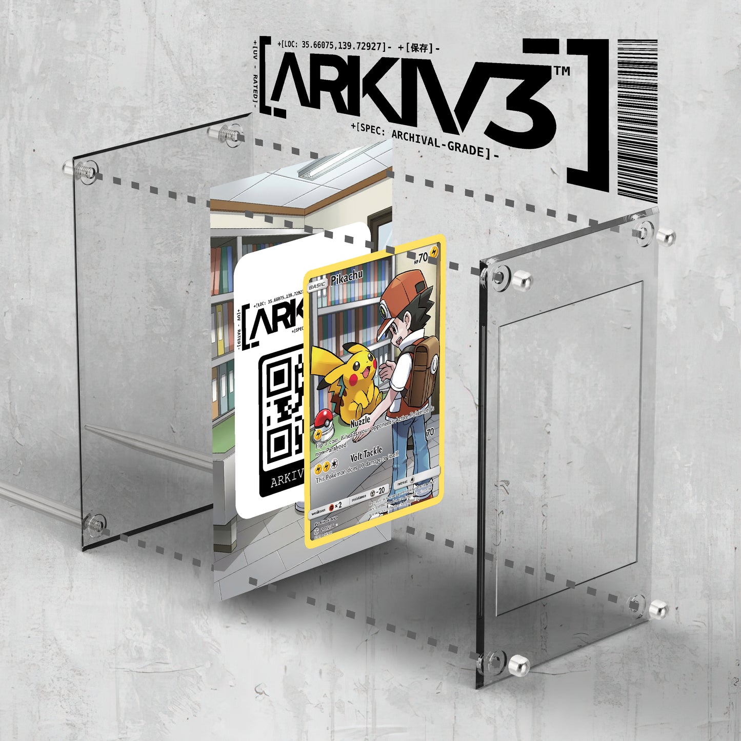 ARKIV3 Pikachu Extended Art display case shown in exploded view with stand and mounting components.