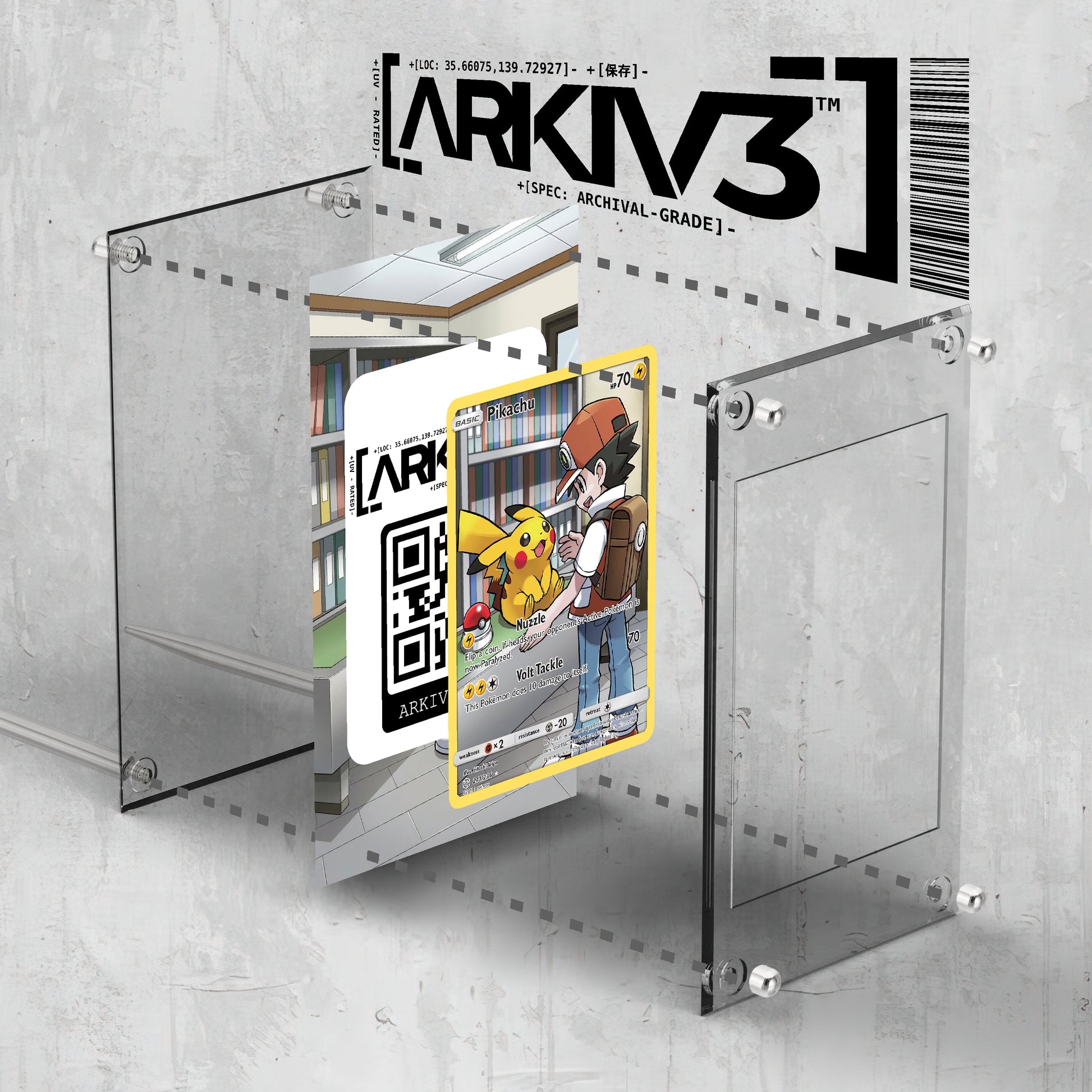 ARKIV3 Pikachu Extended Art display case shown in exploded view with stand and mounting components.
