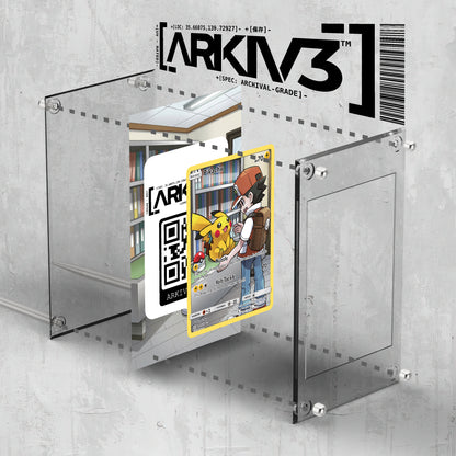 ARKIV3 Pikachu Extended Art display case shown in exploded view with stand and mounting components.