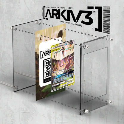 ARKIV3 Espeon & Deoxys GX extended art Pokémon card display case mounted on stand, showcasing vibrant card art and protective display.