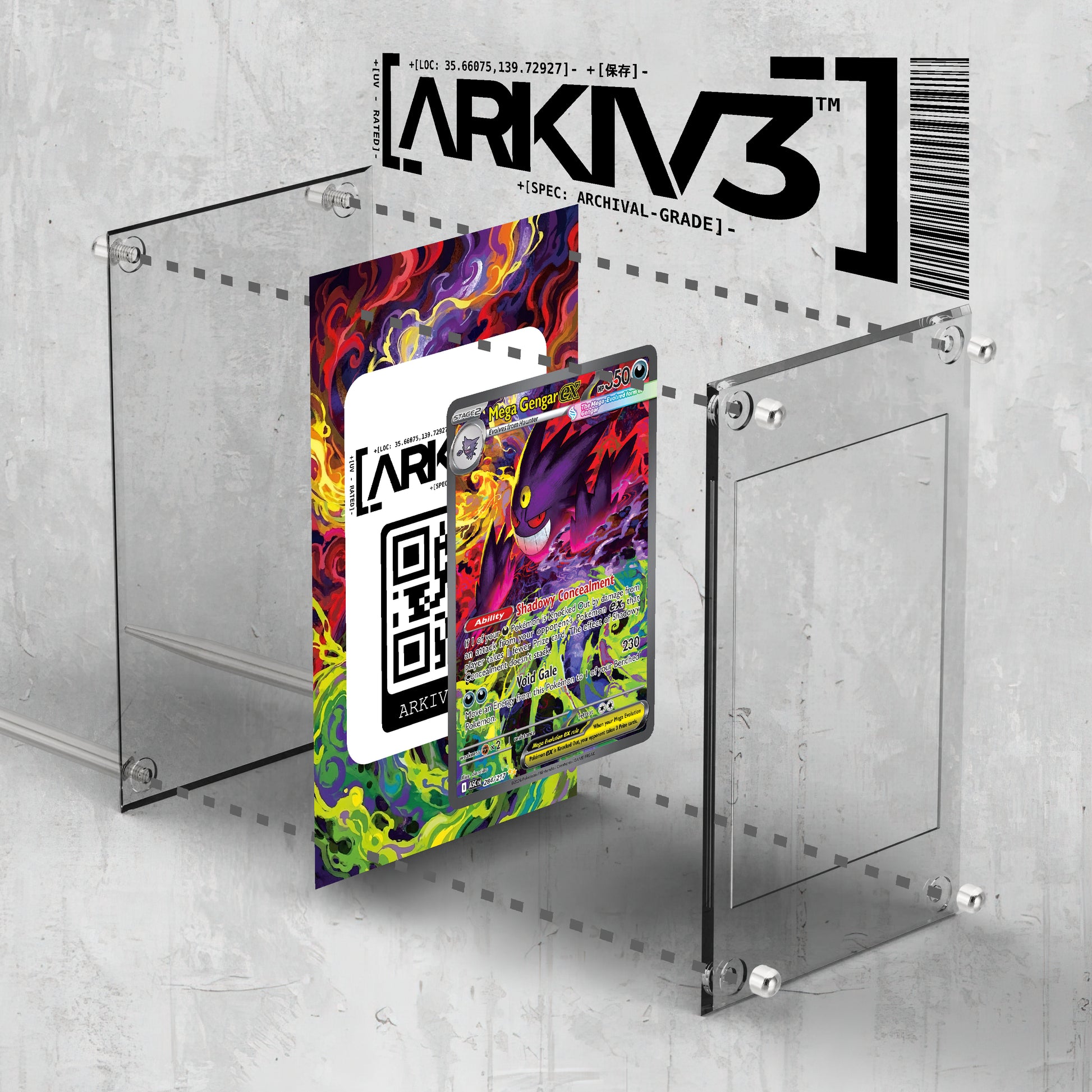 ARKIV3 Mega Gengar ex Extended Art Pokémon card in a display case, shown in an exploded mockup with standing mount.