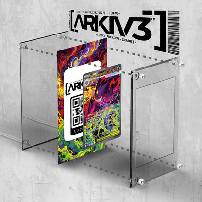 ARKIV3 Mega Gengar ex Extended Art Pokémon card in a display case, shown in an exploded mockup with standing mount.