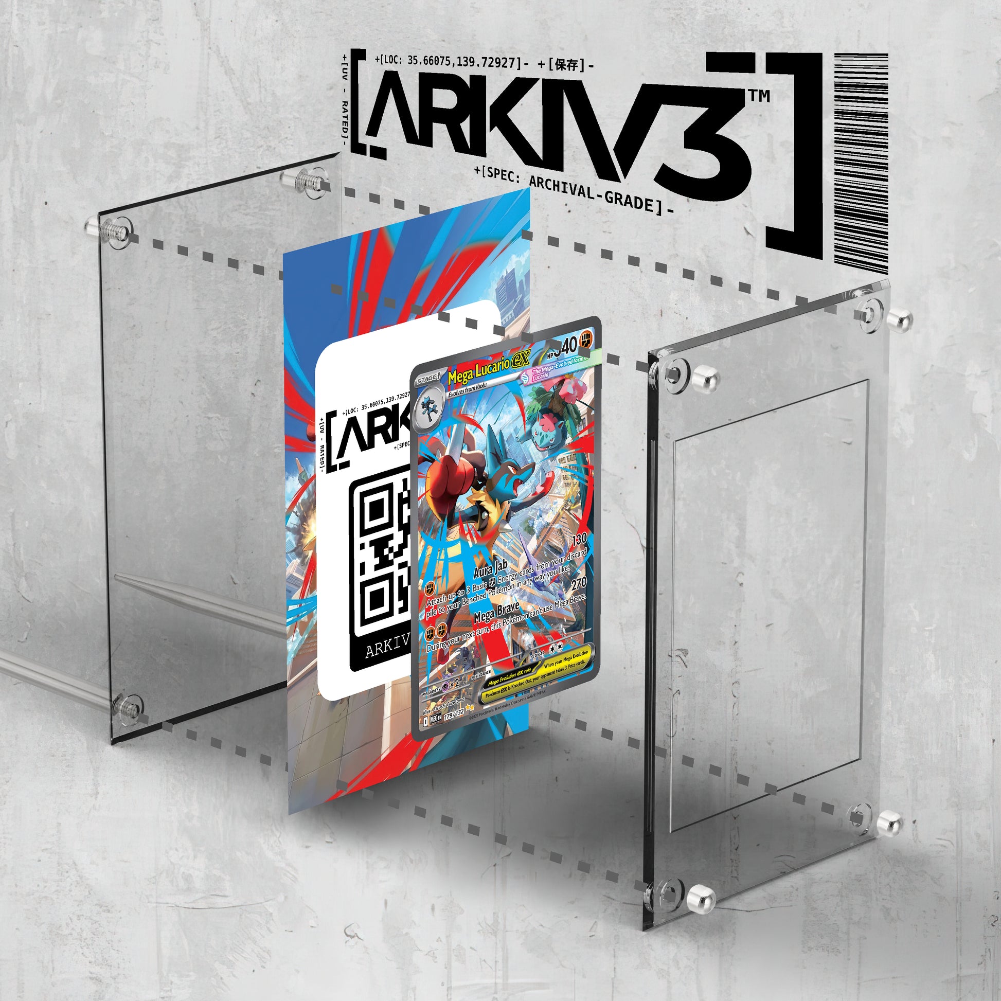 Exploded view of ARKIV3 Mega Lucario ex Extended Art Pokémon card display case showing internal components and mounting options.
