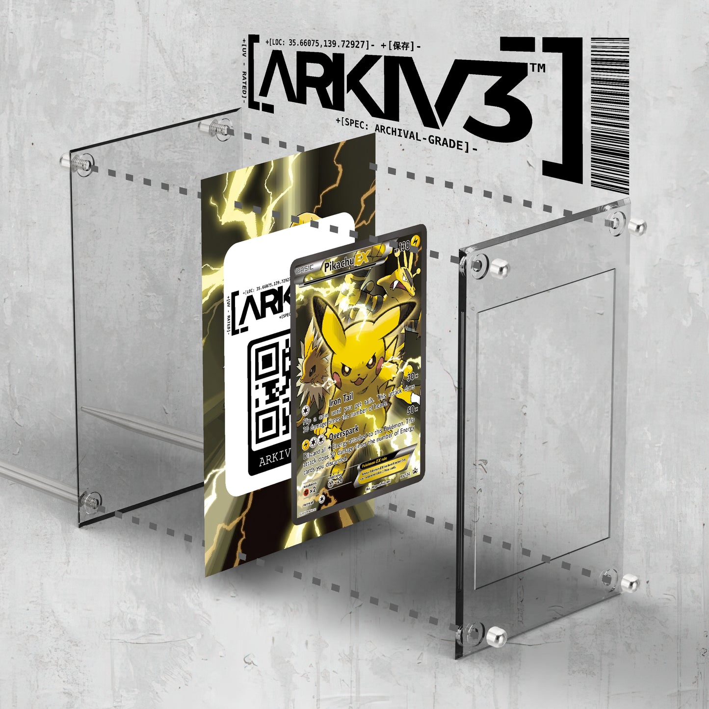 ARKIV3 Pikachu EX Extended Art Pokémon card displayed in a stand with its exploded mockup showing the card's details.