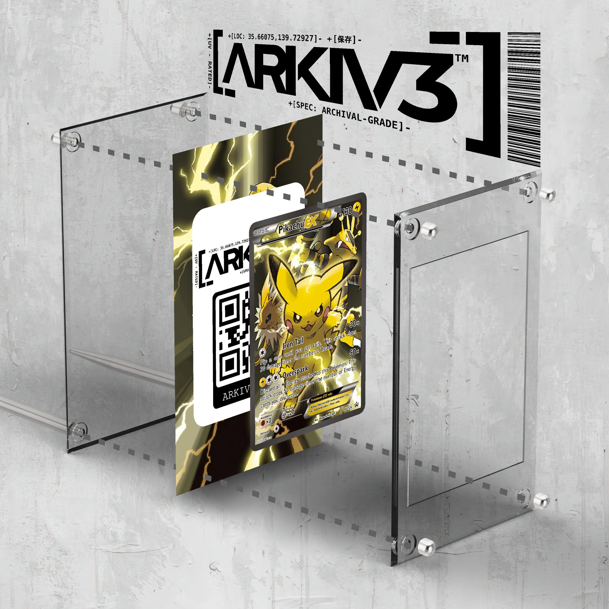 ARKIV3 Pikachu EX Extended Art Pokémon card displayed in a stand with its exploded mockup showing the card's details.