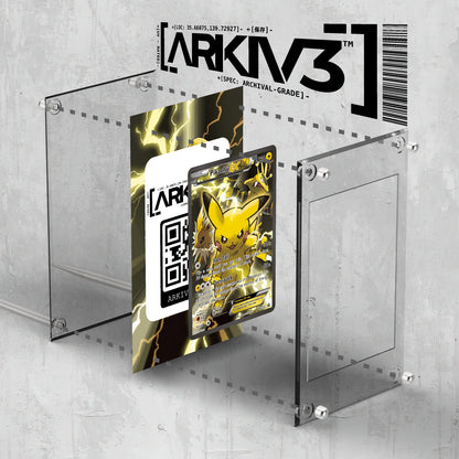 ARKIV3 Pikachu EX Extended Art Pokémon card displayed in a stand with its exploded mockup showing the card's details.