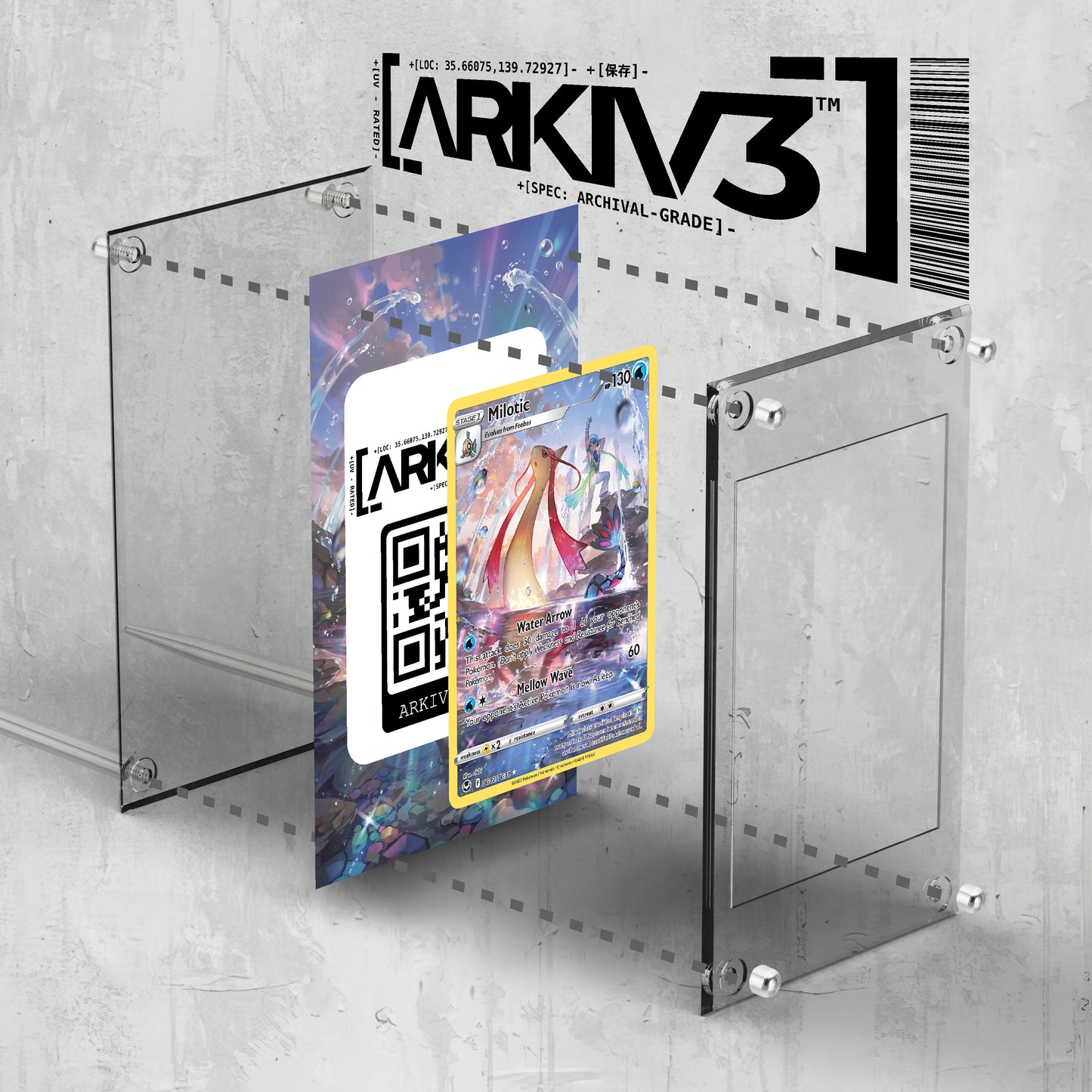 Exploded view of ARKIV3 Milotic Extended Art Display Case raw model, showing standing mount and internal components.