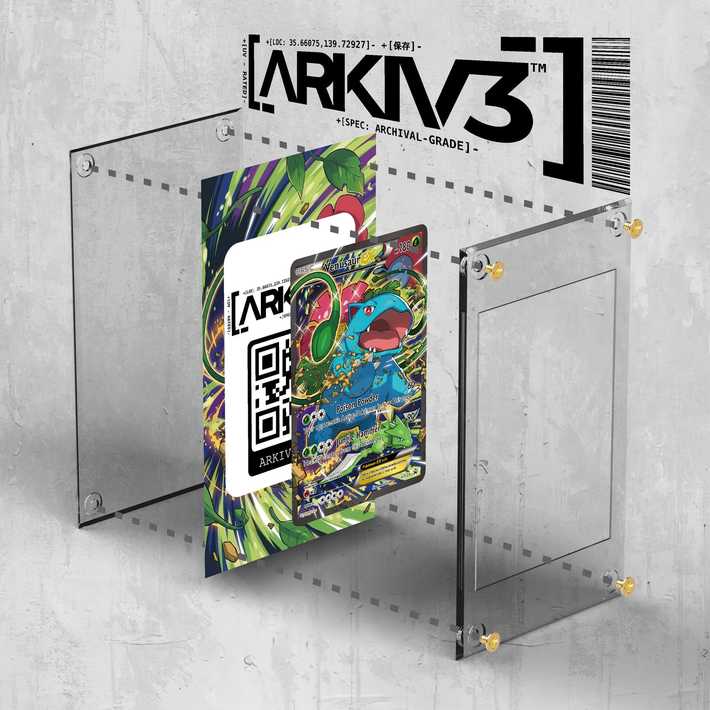 ARKIV3 Venusaur EX Extended Art Pokémon card in a display case with screws and stand, shown in exploded mockup view.