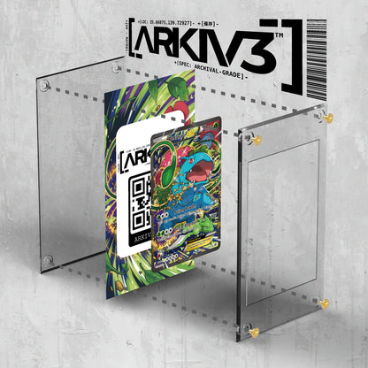 ARKIV3 Venusaur EX Extended Art Pokémon card in a display case with screws and stand, shown in exploded mockup view.