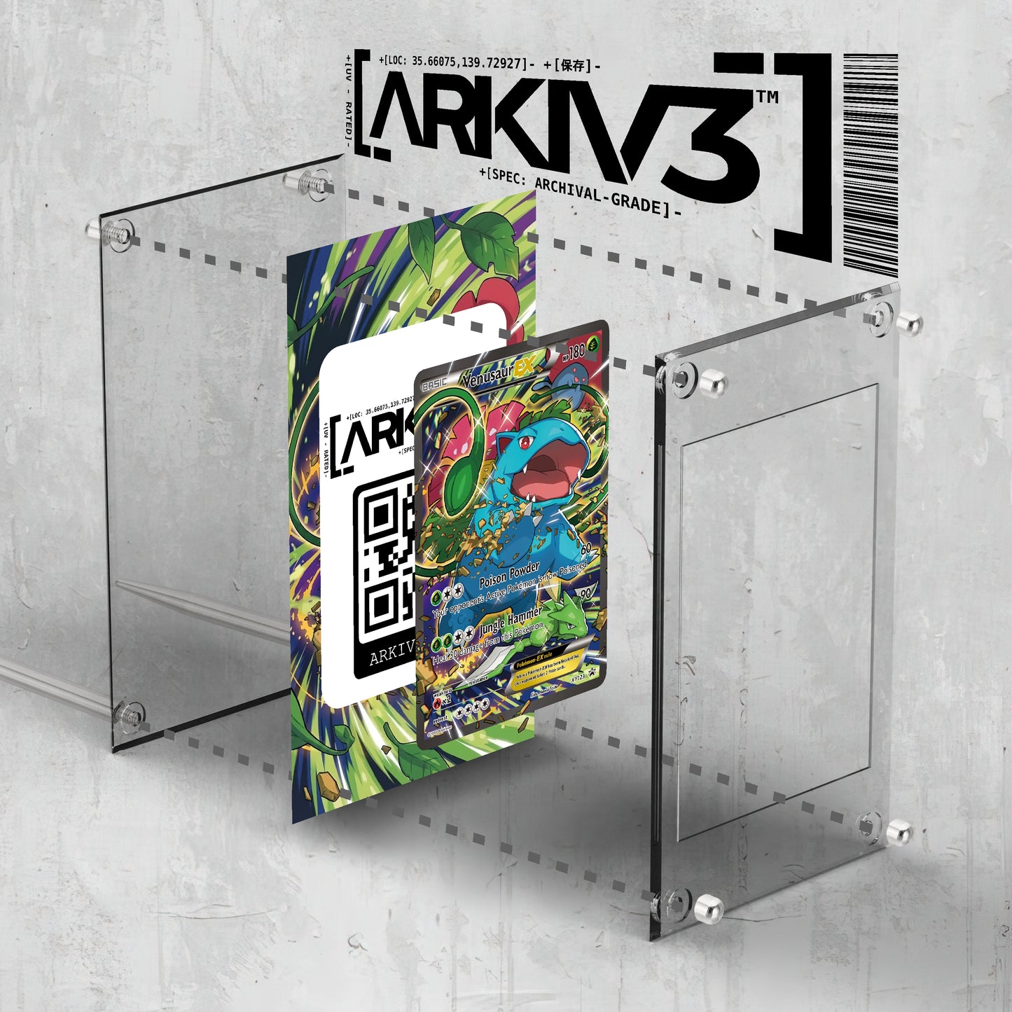 ARKIV3 Venusaur EX Extended Art Pokémon card display case with exploded view and stand for showcasing collectible cards.