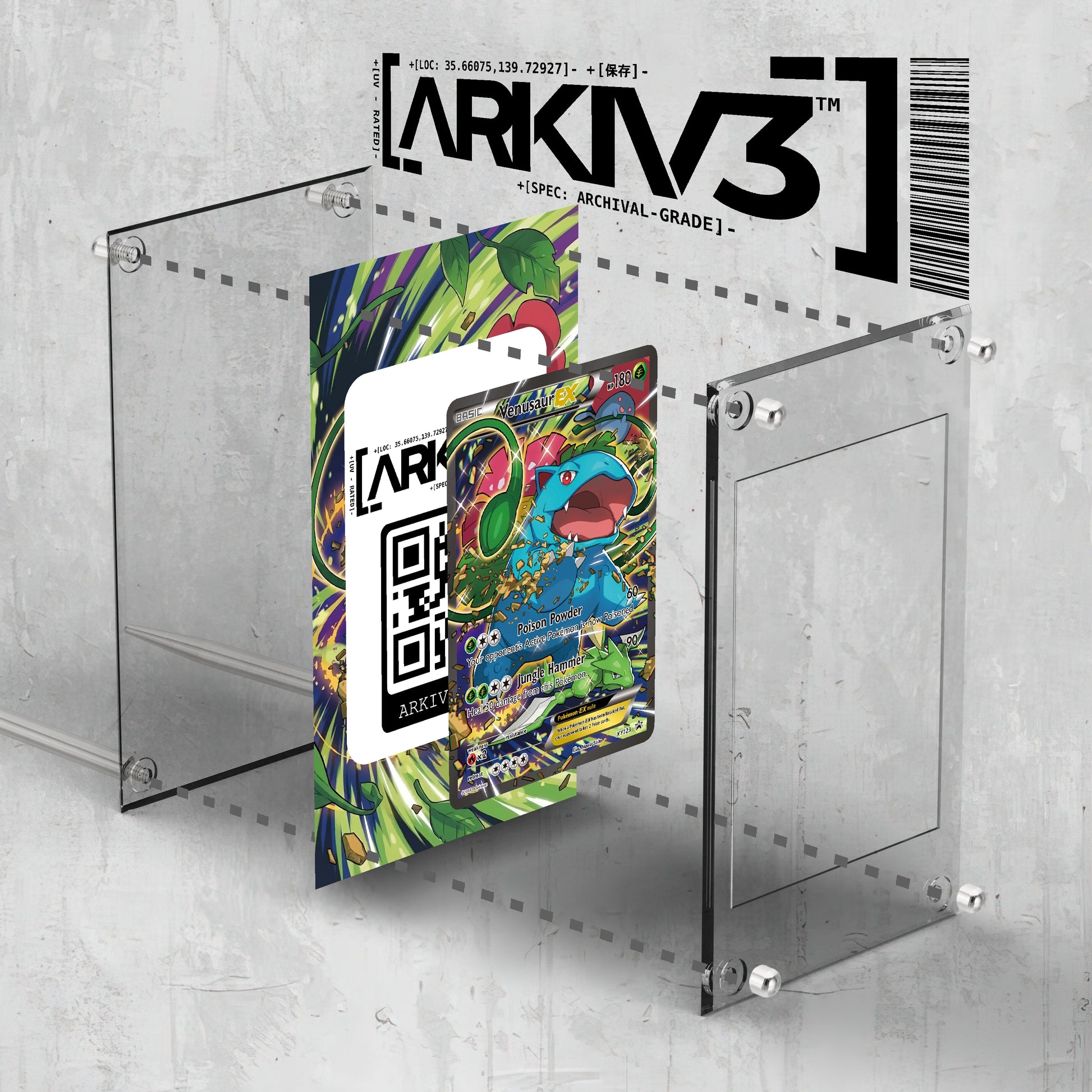 ARKIV3 Venusaur EX Extended Art Pokémon card display case with exploded view and stand for showcasing collectible cards.