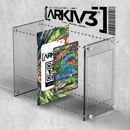 ARKIV3 Venusaur EX Extended Art Pokémon card display case with exploded view and stand for showcasing collectible cards.