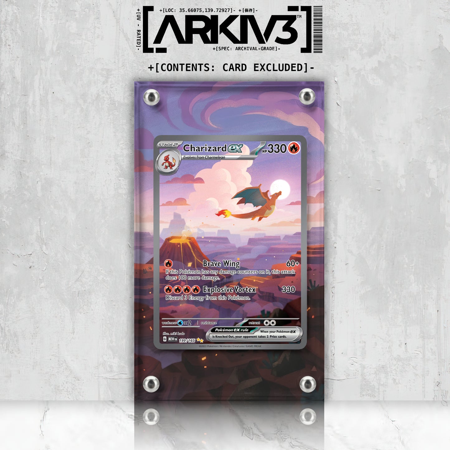 Charizard ex Extended Art Pokémon card displayed in ARKIV3 display case with front view and mounted presentation.
