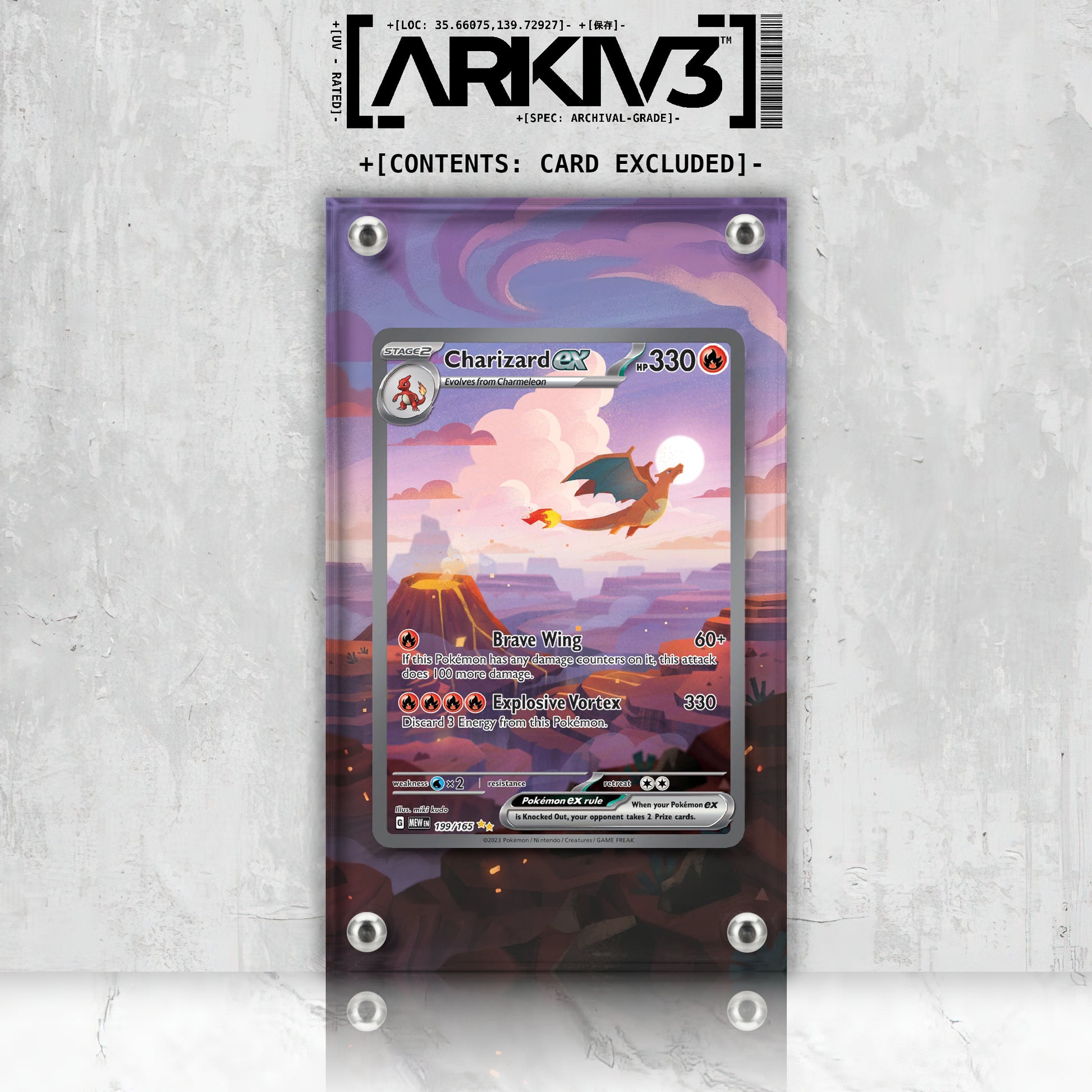 Charizard ex Extended Art Pokémon card displayed in ARKIV3 display case with front view and mounted presentation.