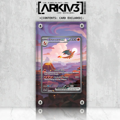 Charizard ex Extended Art Pokémon card displayed in ARKIV3 display case with front view and mounted presentation.