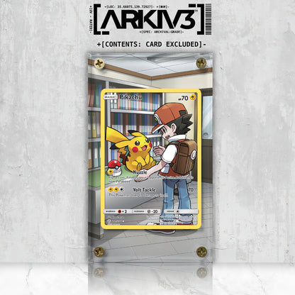 ARKIV3 Pikachu Extended Art display case with screw-down front mockup showing clear acrylic design and secure protection for cards