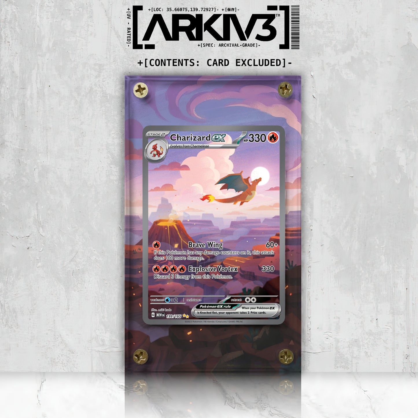 Charizard ex Extended Art Pokémon card in a display case, featuring vibrant artwork and protective screw-down frame.
