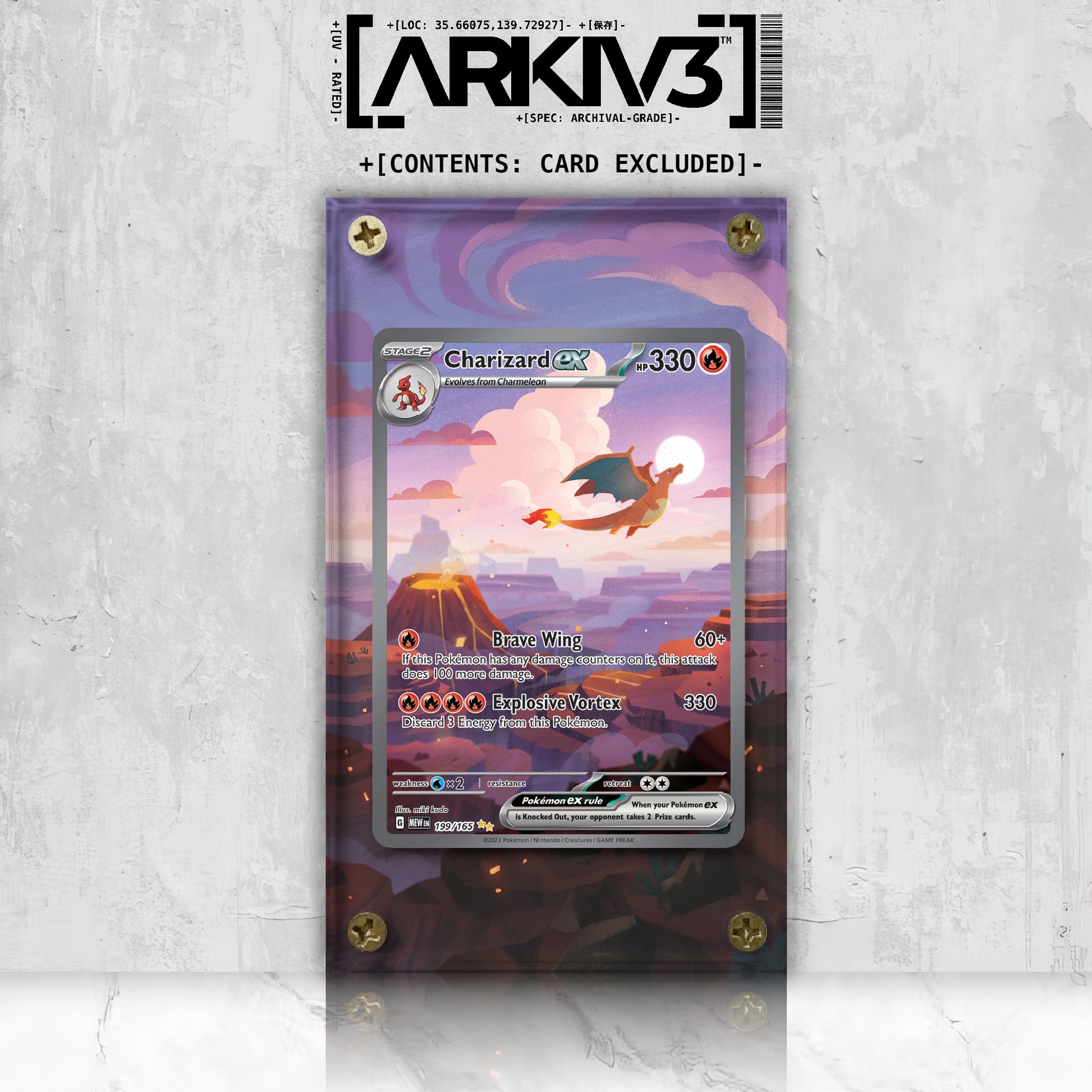 Charizard ex Extended Art Pokémon card in a display case, featuring vibrant artwork and protective screw-down frame.