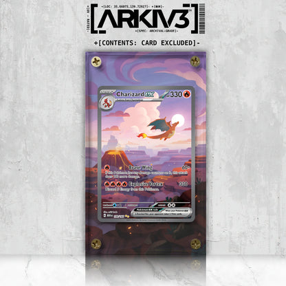 Charizard ex Extended Art Pokémon card in a display case, featuring vibrant artwork and protective screw-down frame.