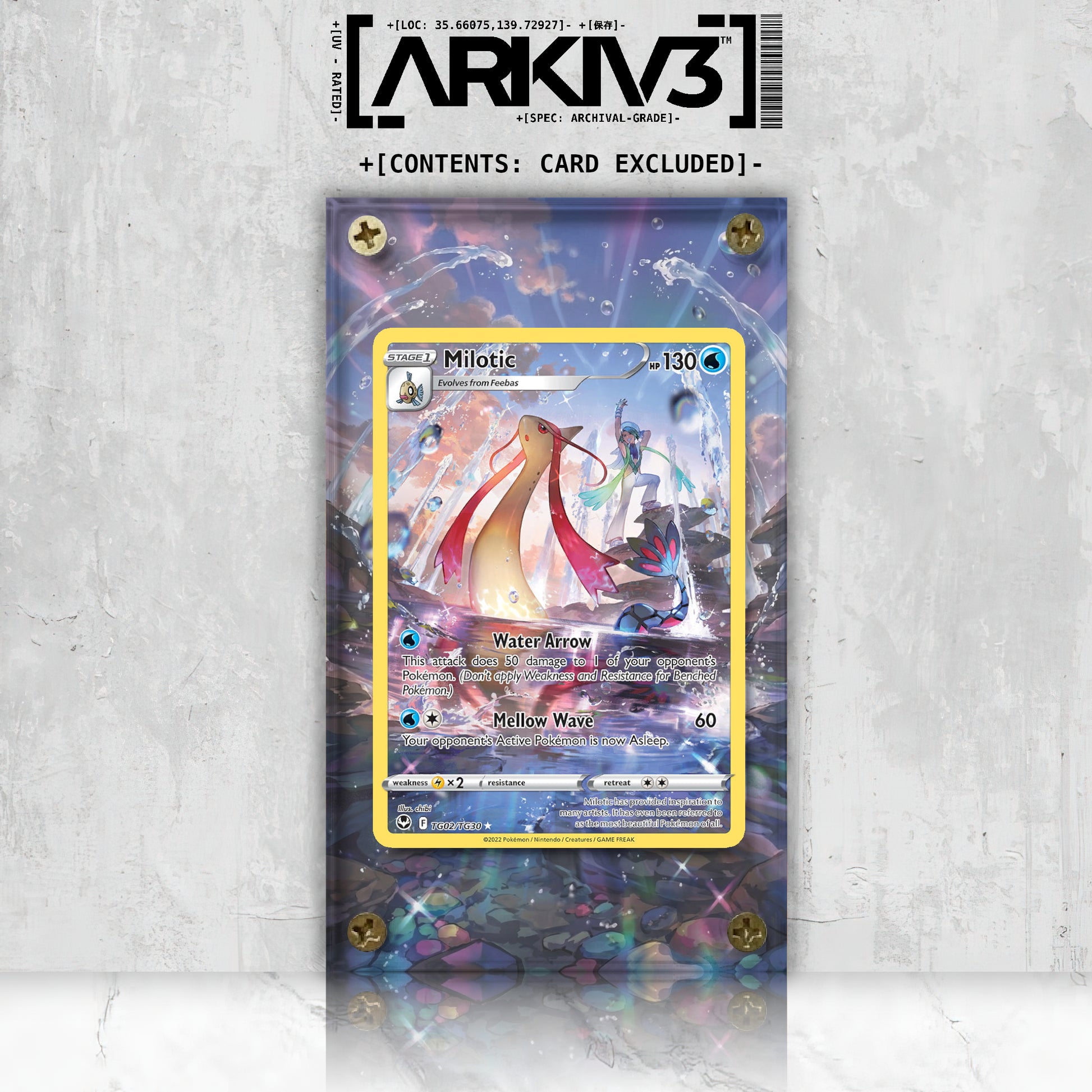 Milotic Extended Art Display Case by ARKIV3, front view showing clear acrylic design for Pokémon card protection and display.