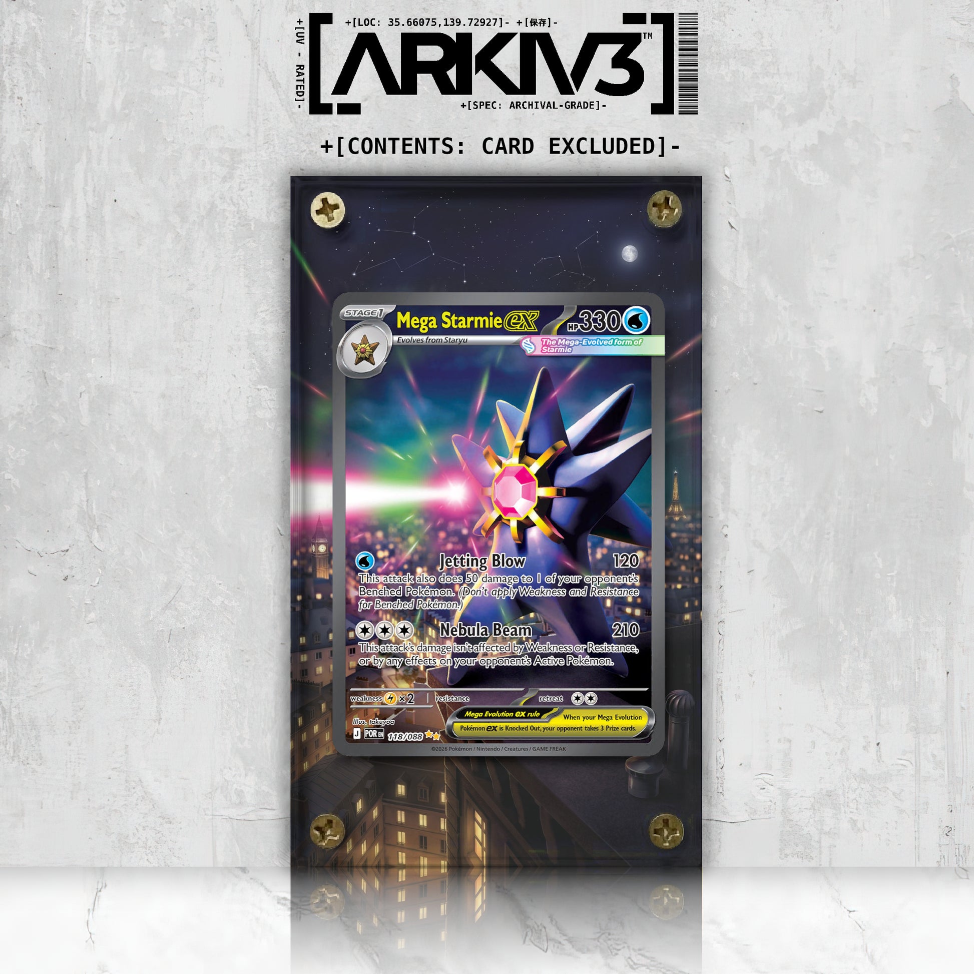 Front view of ARKIV3 Mega Starmie ex Extended Art Display Case, raw, with screw-down protection for Pokémon trading card displays.