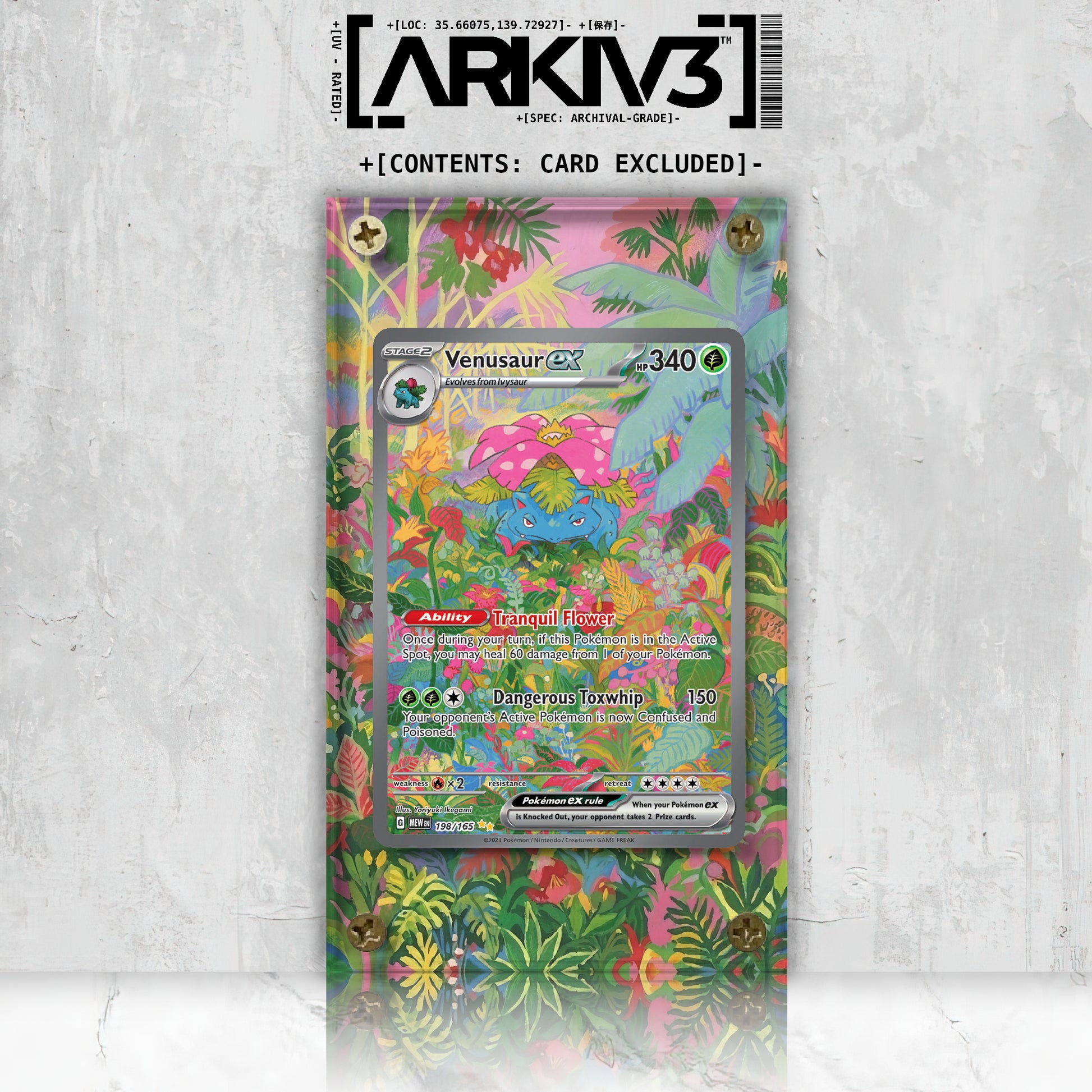 Venusaur ex extended art Pokémon card in ARKIV3 display case, front view with screw-down protection.