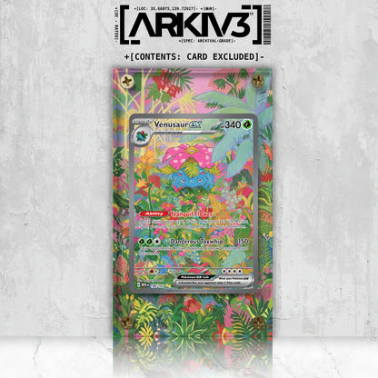 Venusaur ex extended art Pokémon card in ARKIV3 display case, front view with screw-down protection.