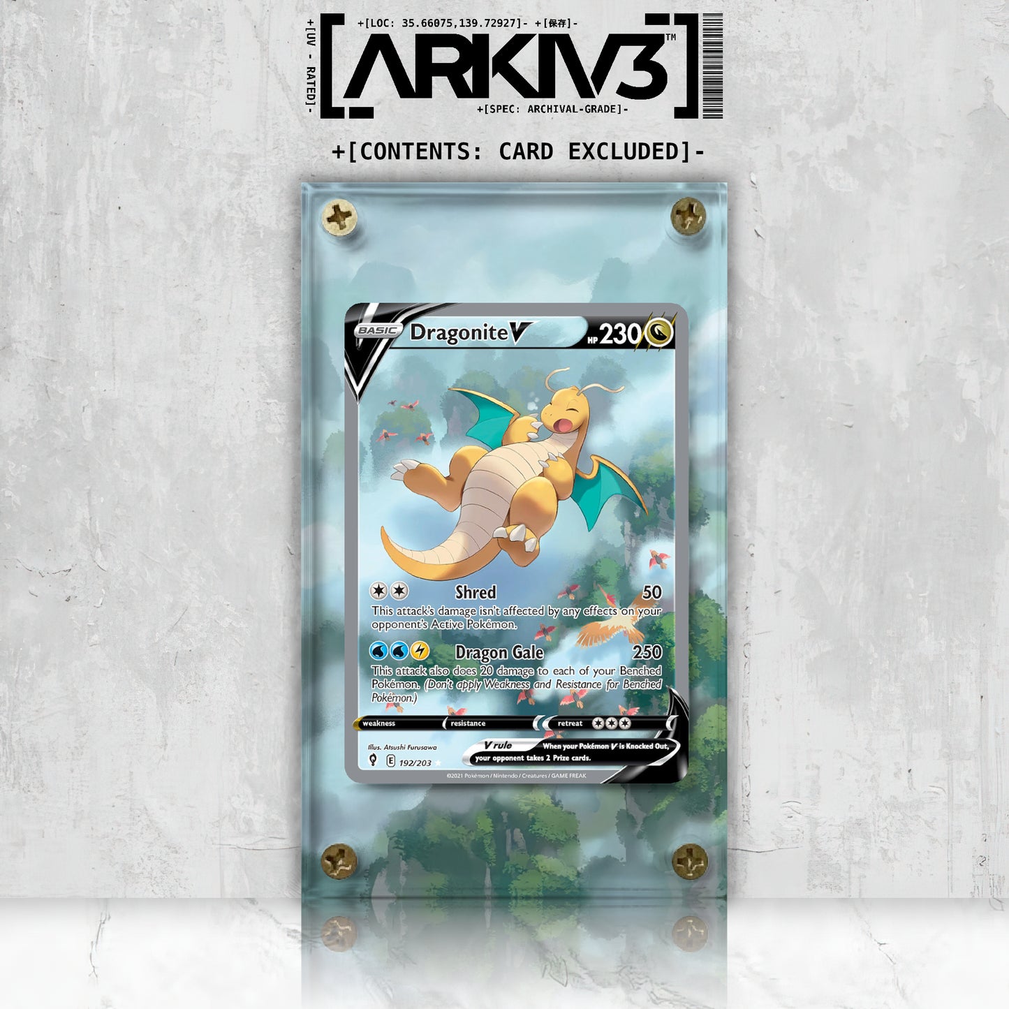 Front view of ARKIV3 Dragonite V Extended Art Pokémon card in clear display case showing the card's vibrant artwork.