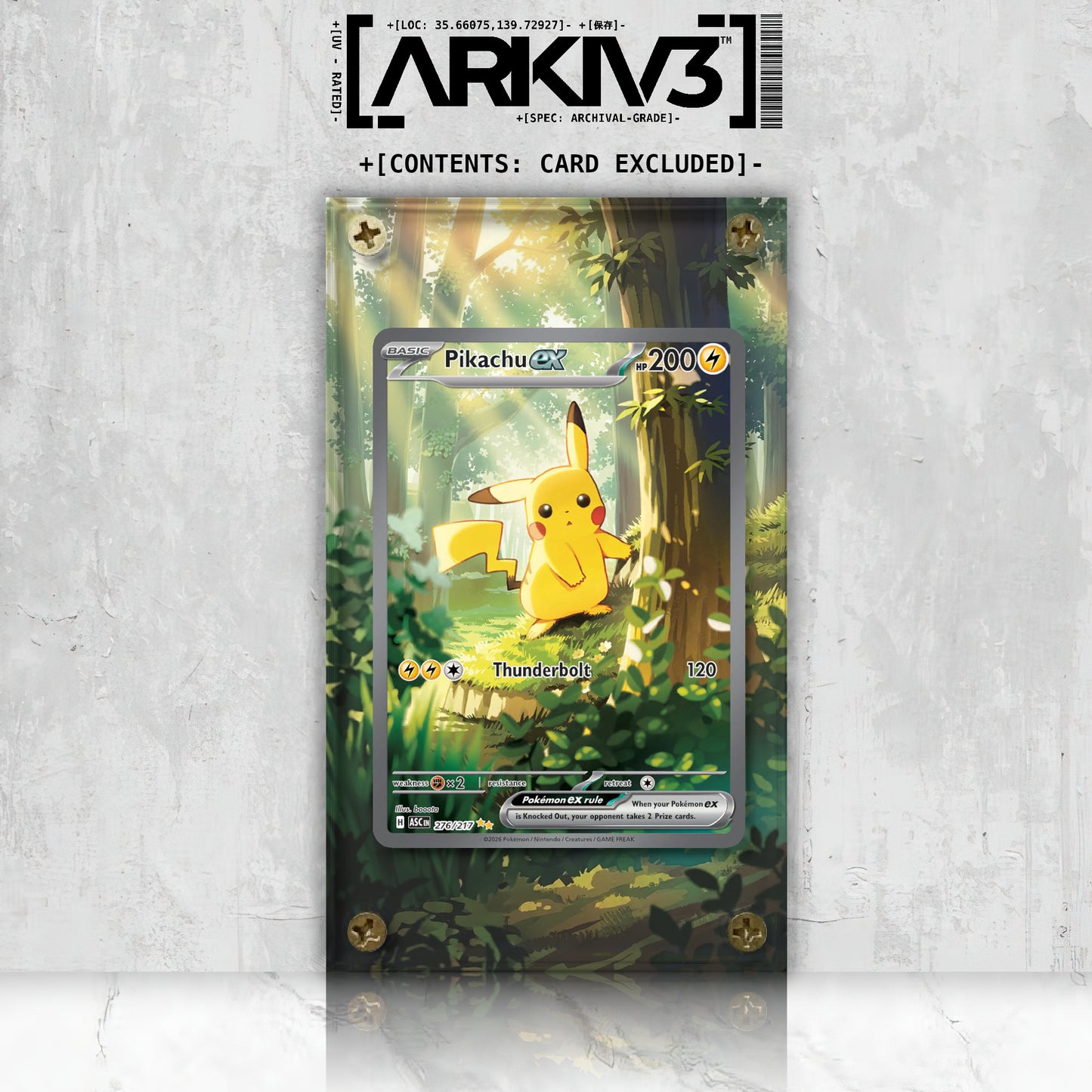 Front view of ARKIV3 Pikachu ex Extended Art Pokémon card display case with screw-down closure for protection.