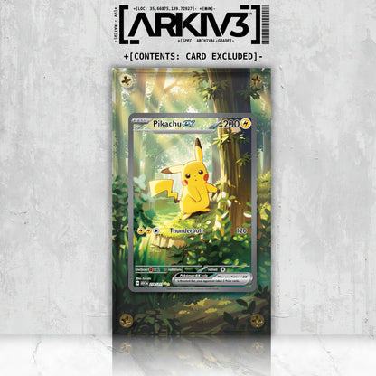 Front view of ARKIV3 Pikachu ex Extended Art Pokémon card display case with screw-down closure for protection.
