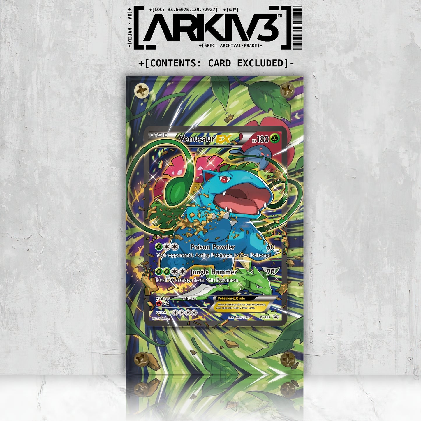 Venusaur EX Extended Art Pokémon card in ARKIV3 display case with screwdown, front view showcasing the detailed card artwork.