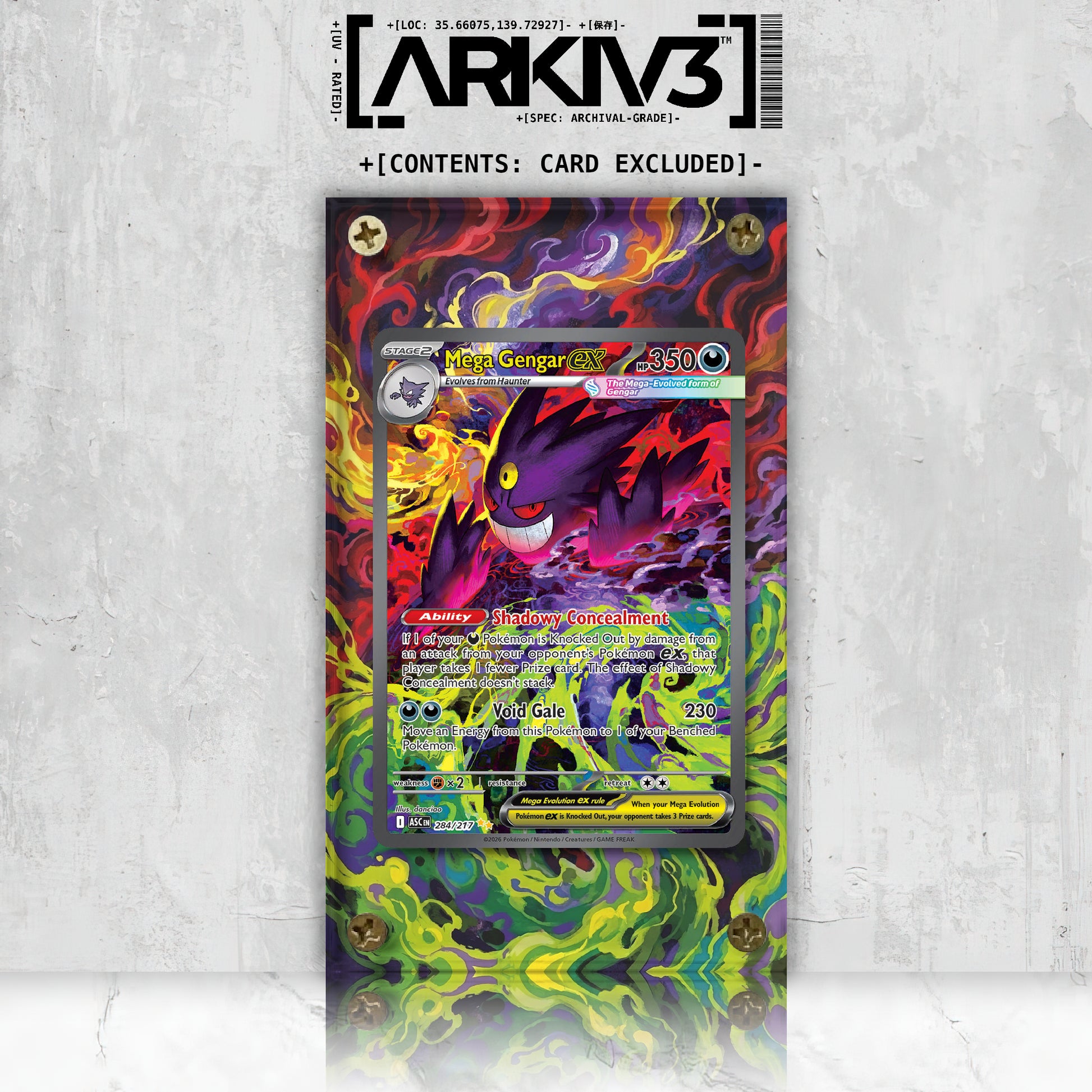 Mega Gengar ex Extended Art Pokémon card in an ARKIV3 display case, with front view showing the card and screw-down protector.