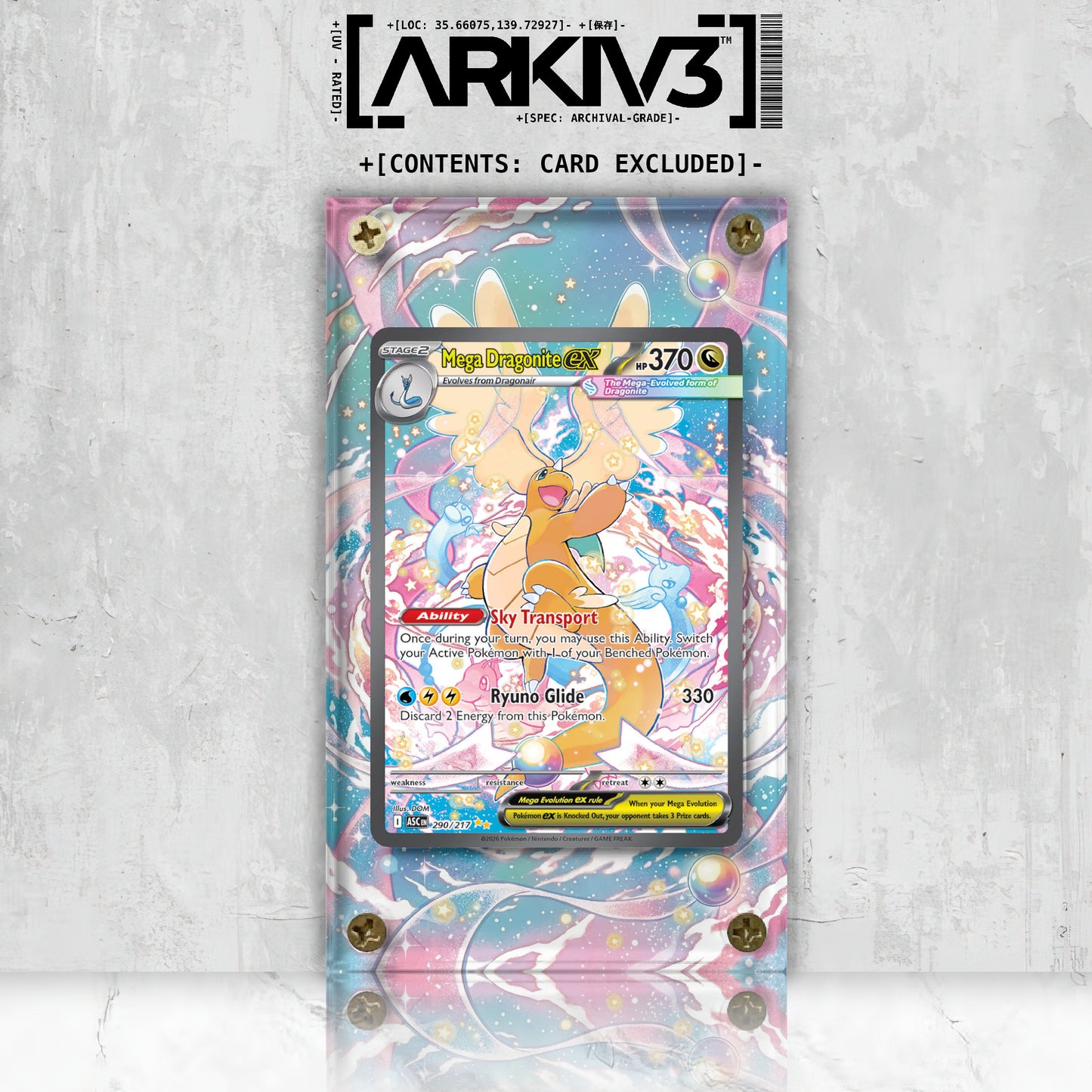 Front view of ARKIV3 Mega Dragonite ex Extended Art Pokémon card in a display case, showcasing vibrant artwork and protective case.