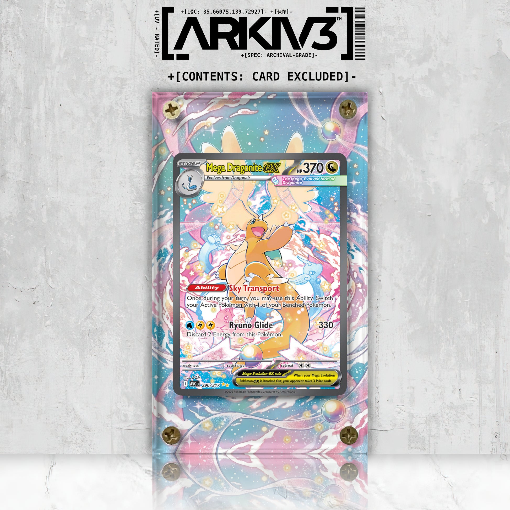 Front view of ARKIV3 Mega Dragonite ex Extended Art Pokémon card in a display case, showcasing vibrant artwork and protective case.