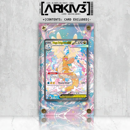 Front view of ARKIV3 Mega Dragonite ex Extended Art Pokémon card in a display case, showcasing vibrant artwork and protective case.