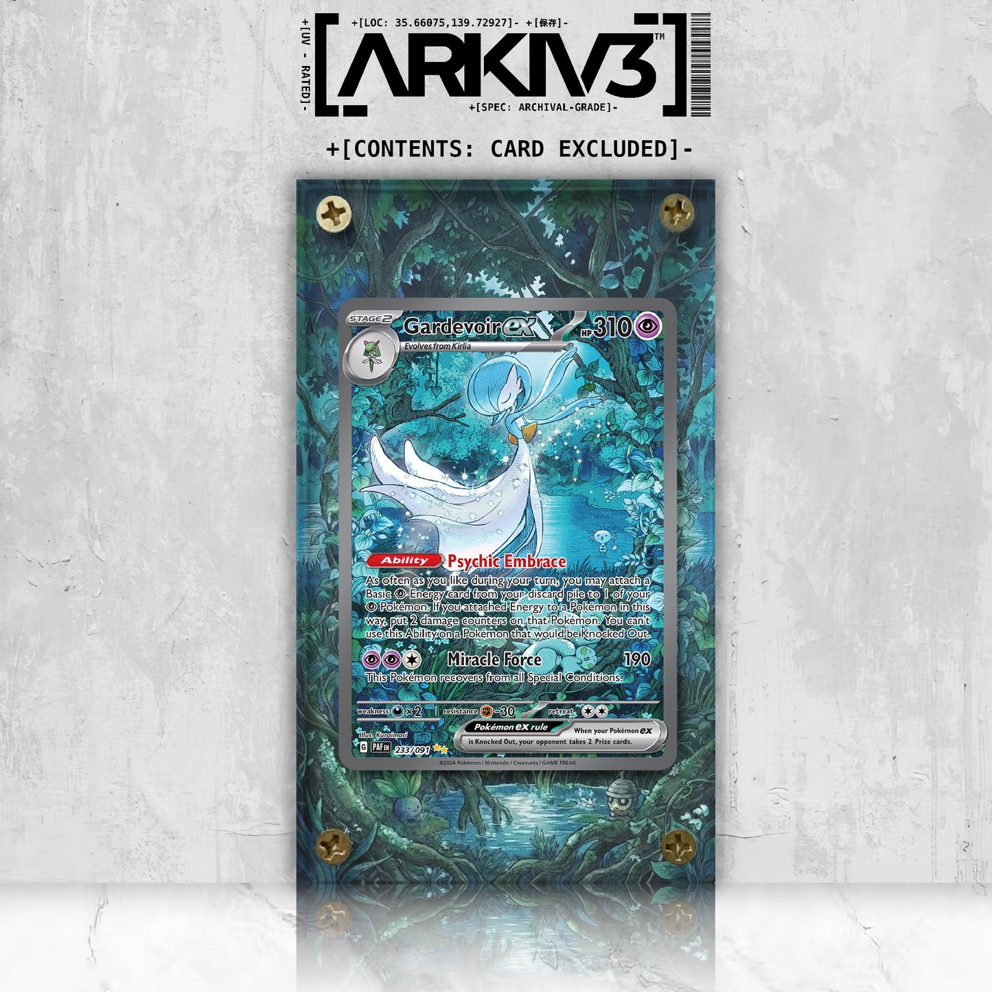 Front view of ARKIV3 Gardevoir ex Extended Art Pokémon card in display case with stand and screw-down protection.