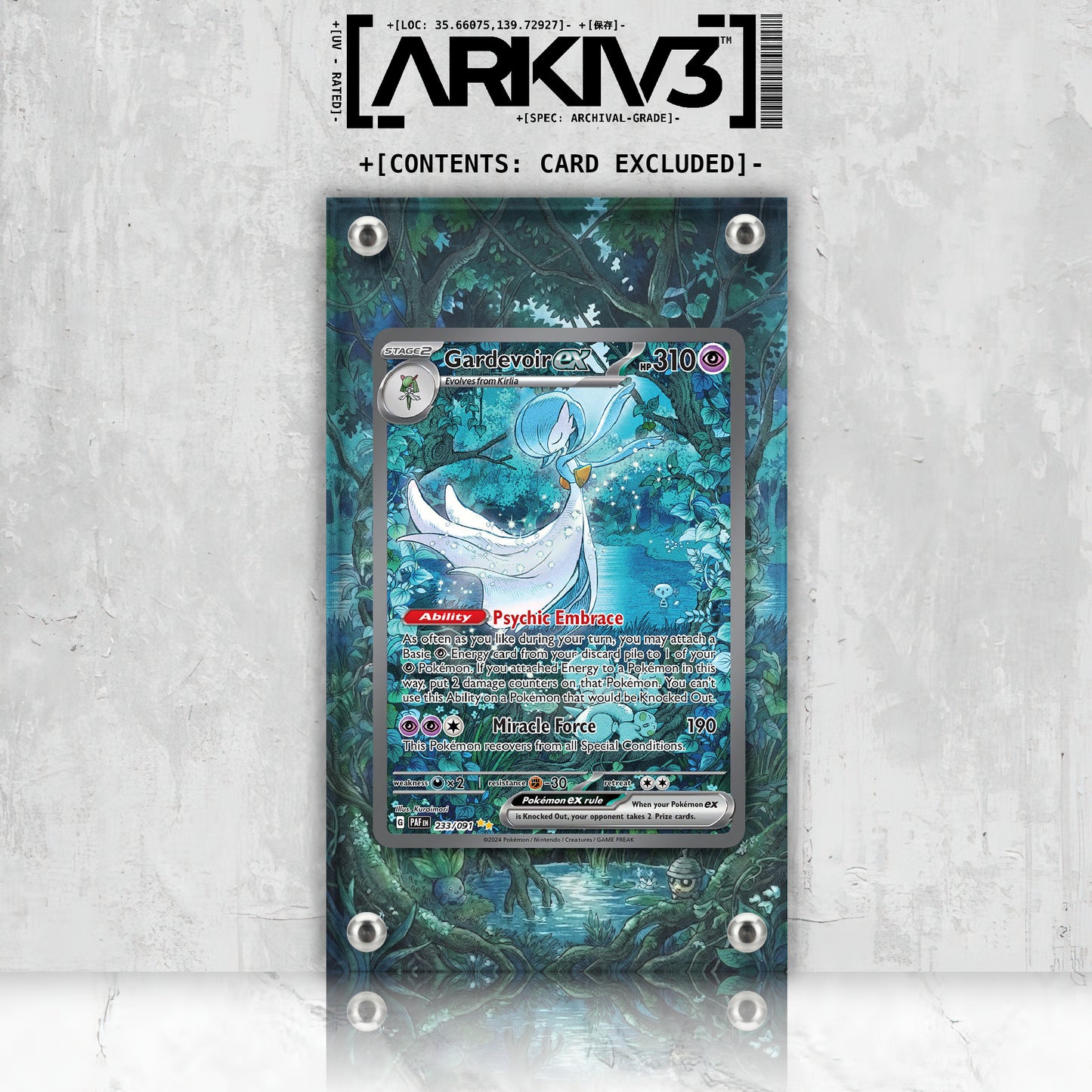 ARKIV3 Gardevoir ex Extended Art Pokémon card in display case, front view showing vibrant artwork and sturdy mounting.