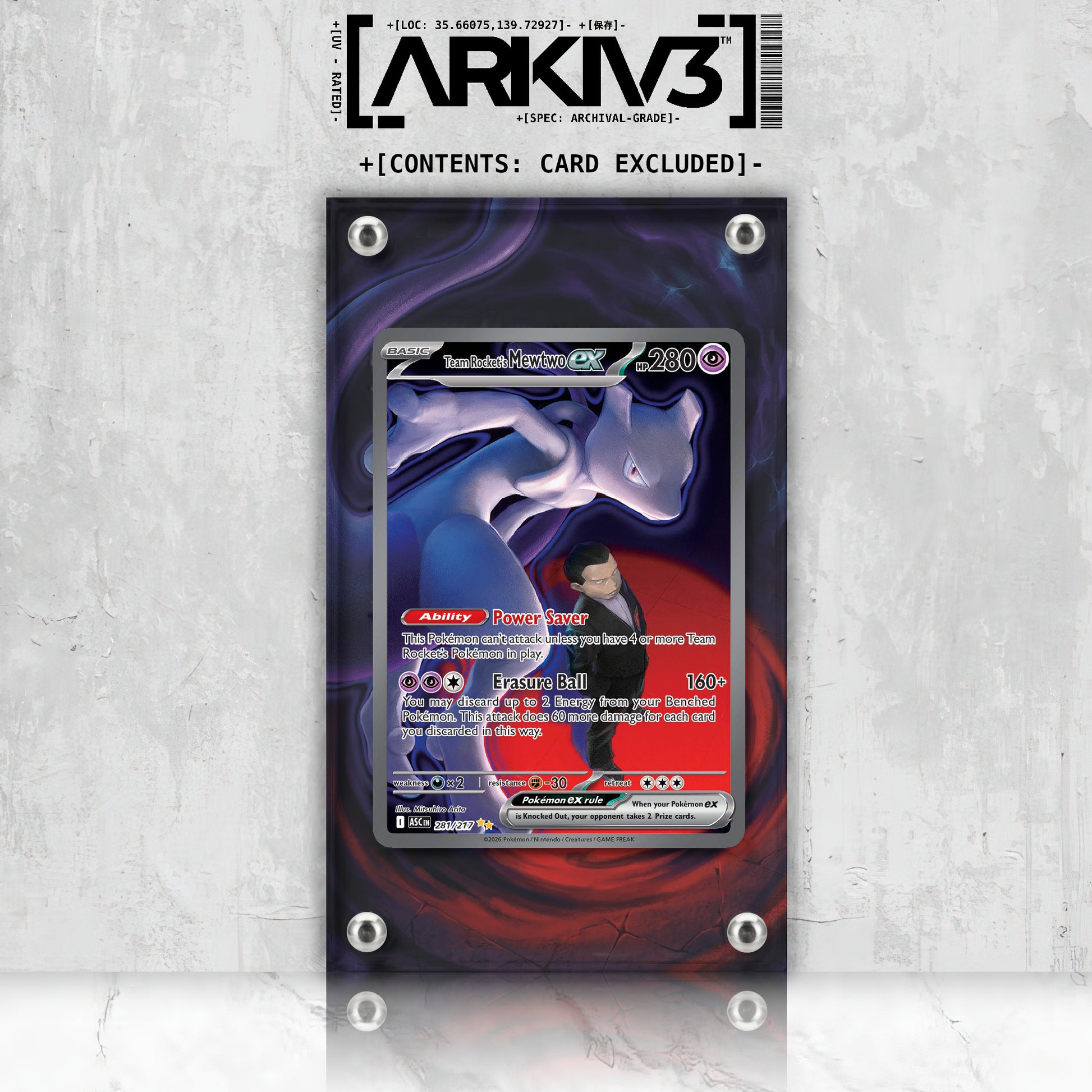 ARKIV3 Team Rocket's Mewtwo ex Extended Art Pokémon card displayed in a stand, front view showing vibrant artwork and details