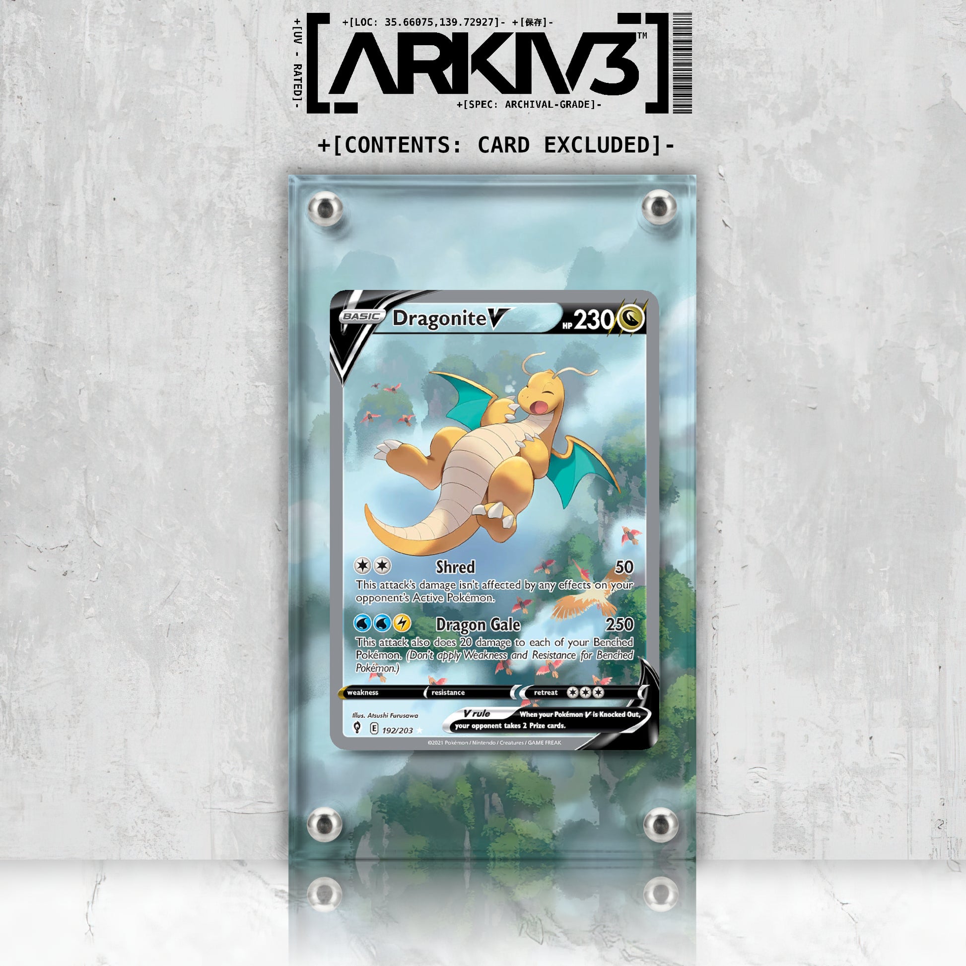 Dragonite V Extended Art Pokémon card displayed in a clear case, showcasing detailed artwork and vibrant colors.