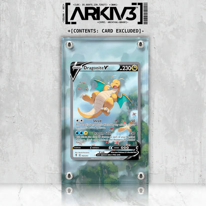 Dragonite V Extended Art Pokémon card displayed in a clear case, showcasing detailed artwork and vibrant colors.