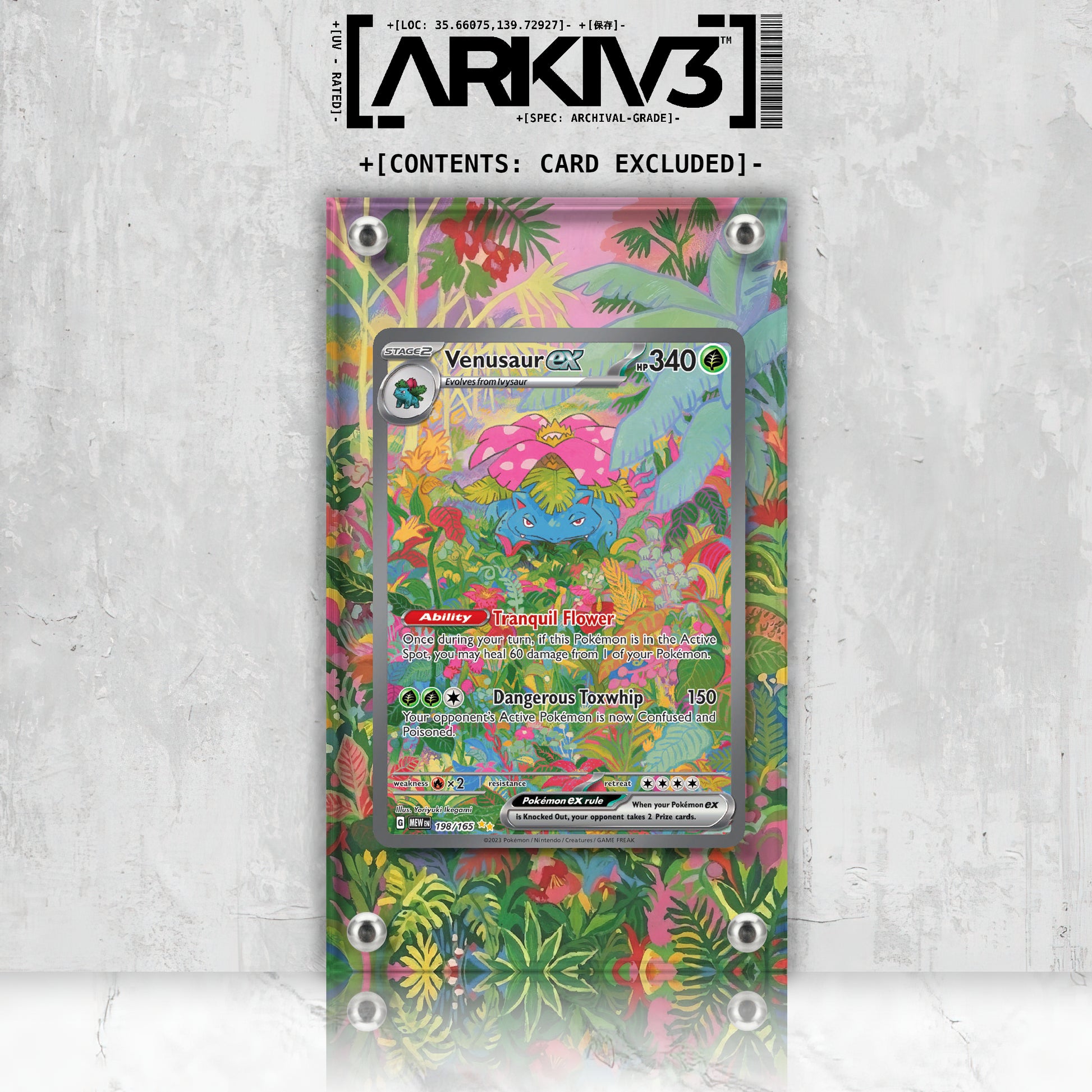 Venusaur ex Extended Art Pokémon card displayed in ARKIV3 display case, front view showing vibrant artwork and card details.