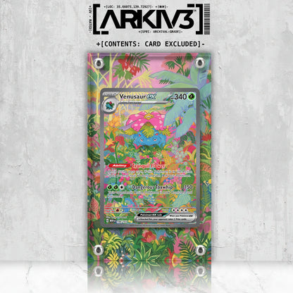 Venusaur ex Extended Art Pokémon card displayed in ARKIV3 display case, front view showing vibrant artwork and card details.