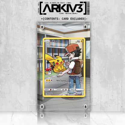 ARKIV3 Pikachu Extended Art display case showcasing a front view and standing mount for Pokémon card collection.