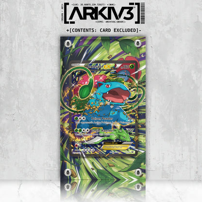 Venusaur EX Extended Art Pokémon card displayed in ARKIV3 display case, front view showing vibrant artwork and protective mount.