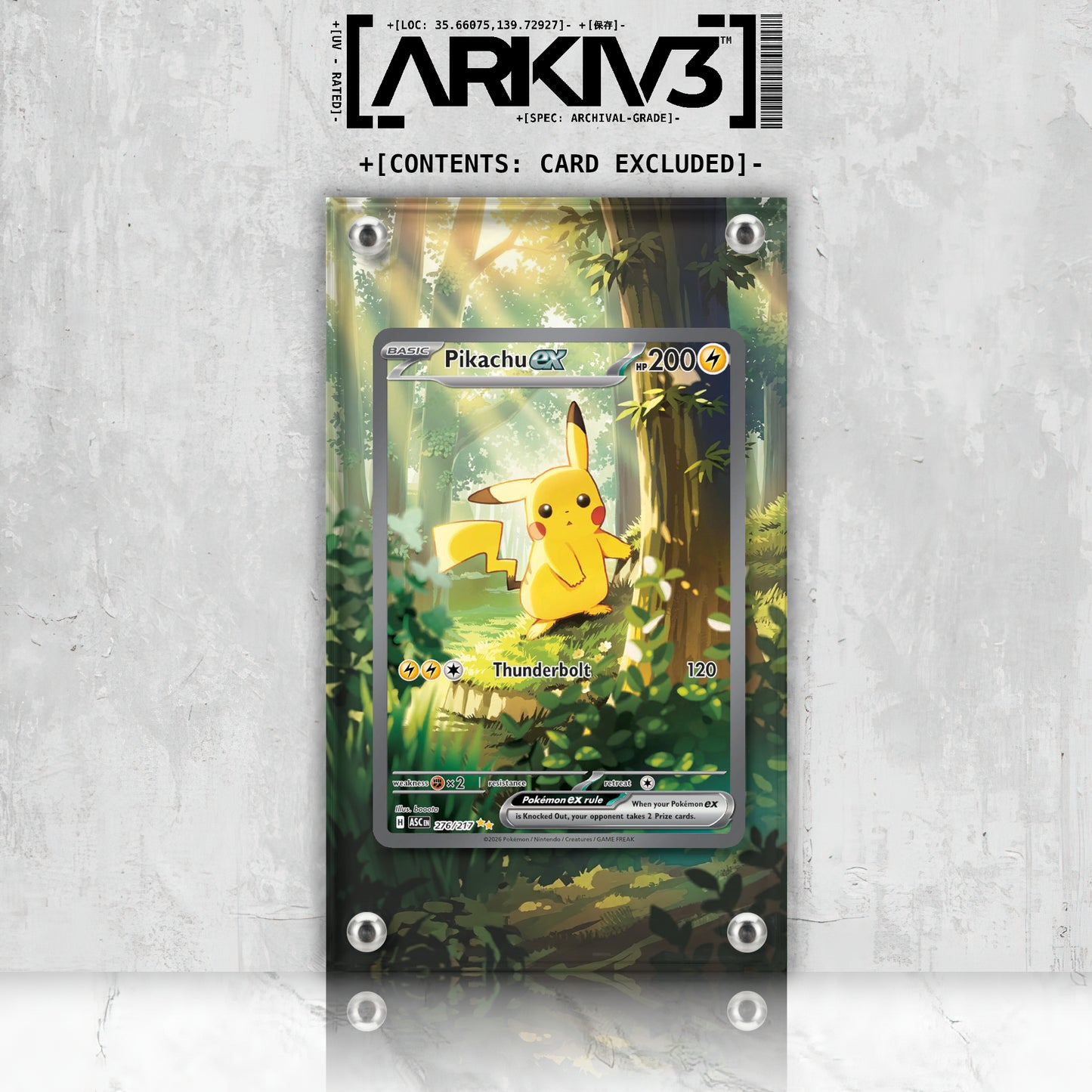ARKIV3 Pikachu ex Extended Art Pokémon card in display case, front view showing vibrant artwork and protective casing.