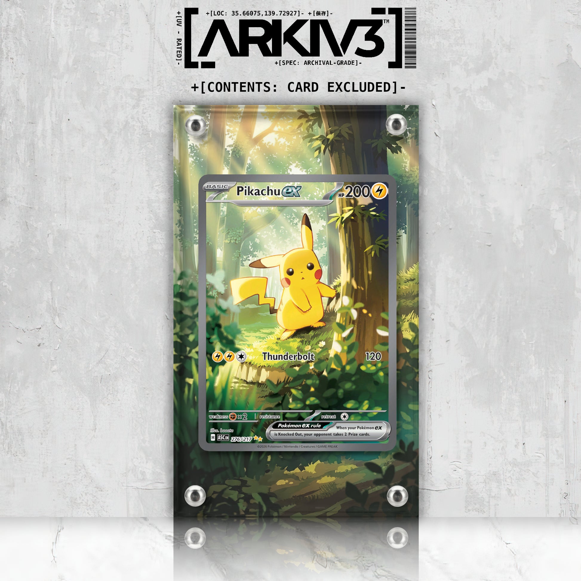 ARKIV3 Pikachu ex Extended Art Pokémon card in display case, front view showing vibrant artwork and protective casing.
