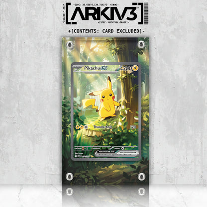 ARKIV3 Pikachu ex Extended Art Pokémon card in display case, front view showing vibrant artwork and protective casing.